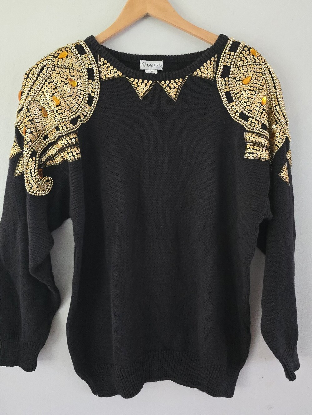 GANTOS Black Crewneck Sweater with Gold Sequin Shoulder Embellishments